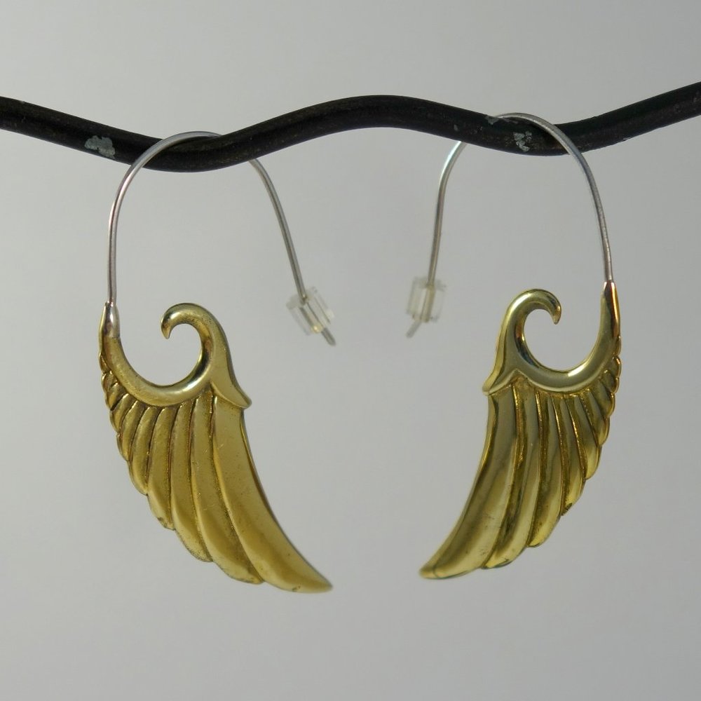Yellow Brass Deco Wing Earrings~ Sterling silver ear wires